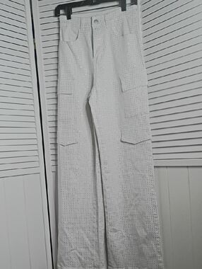 White Eyelet Cargo Wide-Leg Pants